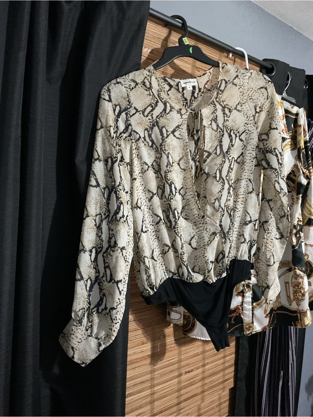 superdown Snake Print Long Sleeve Bodysuit in Neutral Black & Cream